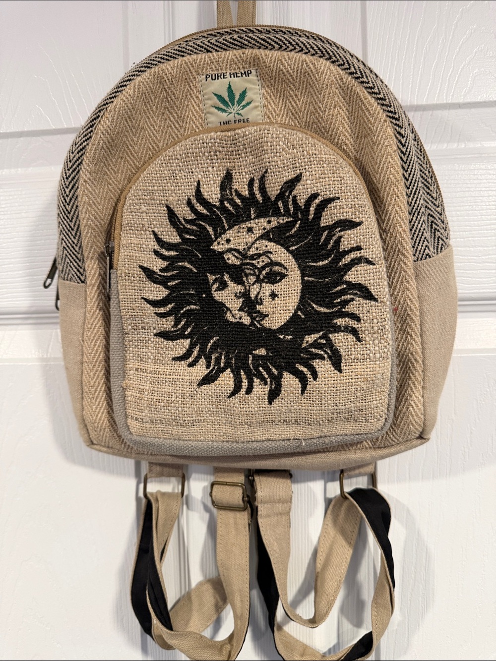 Kathmandu Beige Hemp Mini Backpack with Black Sun & Moon Graphic